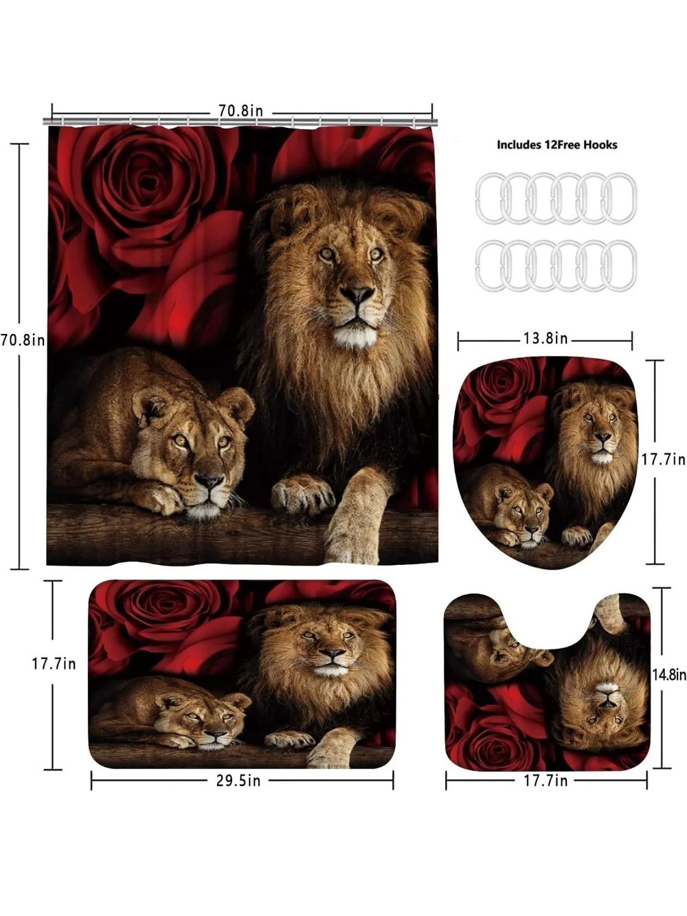 Lion & Rose Bathroom Set Shower Curtain and Rugs - Red Brown